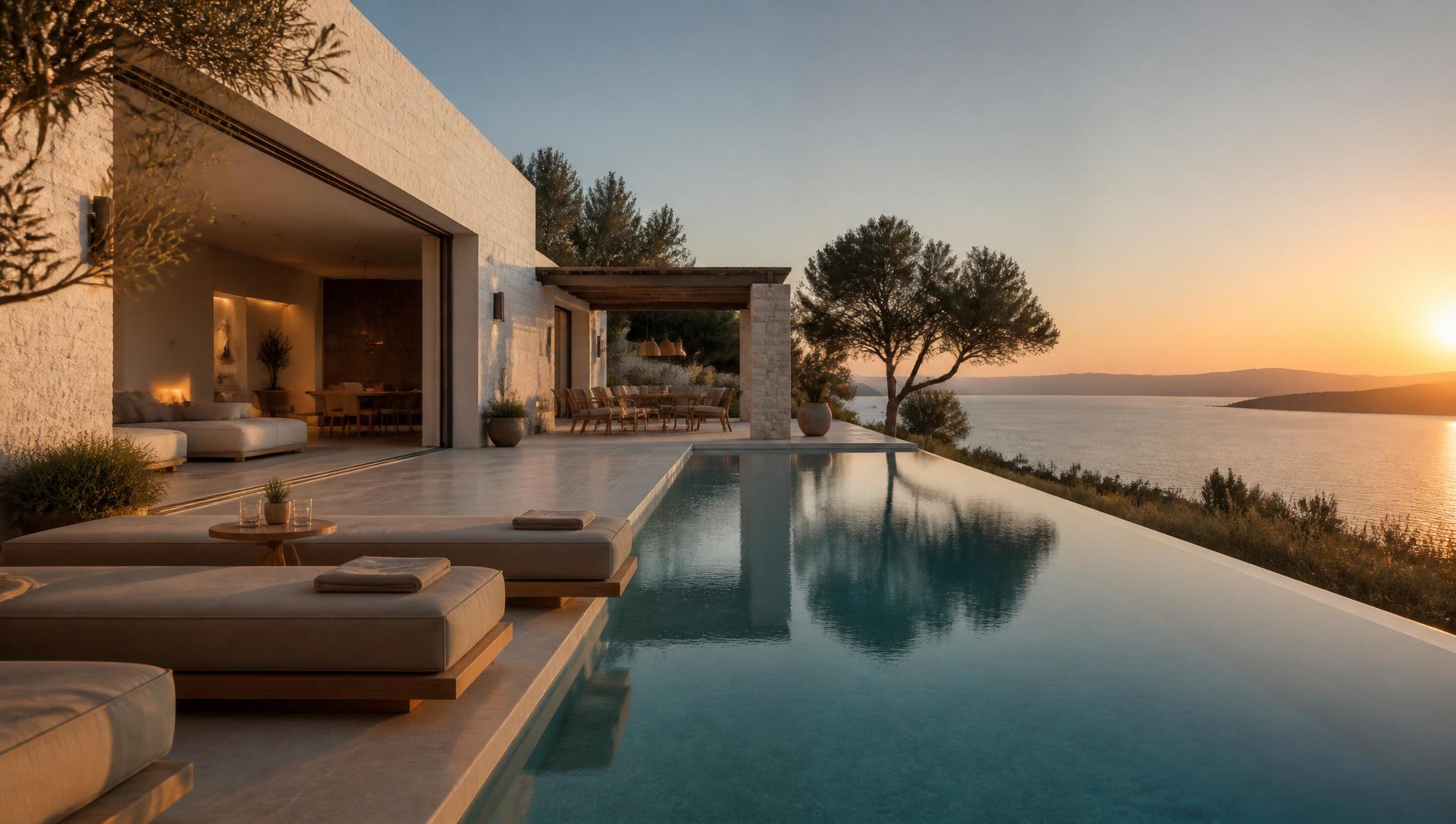 Luxury villa with infinity pool overlooking the Ionian Sea at sunset